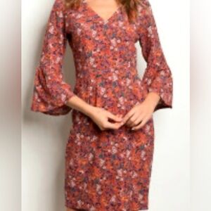 NEW Boutique Gilli Rust Floral Sheath‎ Dress Bell Sleeve V- Neck Mini Medium